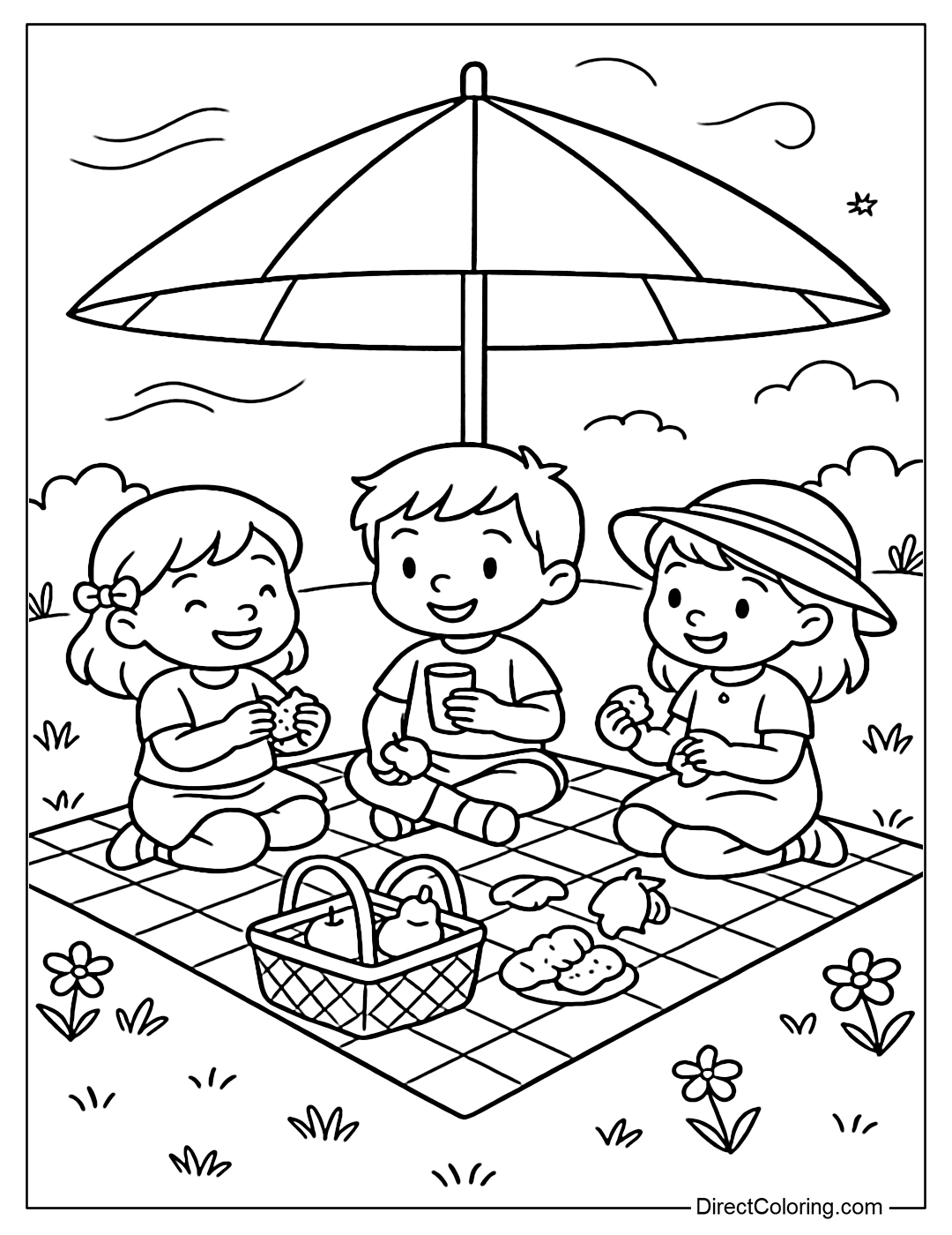 Coloring page of children picnicking under an umbrella, next to a gentle breeze and flowers.
